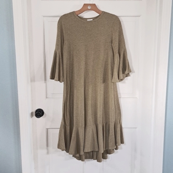 LuLaRoe Olive Green Boho Ruffle Hem Bell Sleeve Loose Fit Modest Midi Dress - Picture 1 of 10